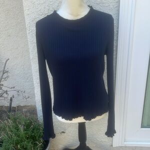 John + Jenn Women's Blue Ribbed Scallop Trim Sweater Size M